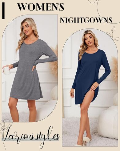 Huukeay 3 Styles Women's Sleepshirt Long Sleeve Nightgowns Crew Neck Nightshirt Fall Sleepwear Soft Button Down Sleep Dress in Saudi Arabia