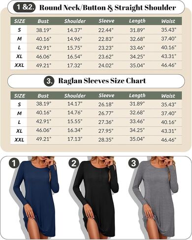 Huukeay 3 Styles Women's Sleepshirt Long Sleeve Nightgowns Crew Neck Nightshirt Fall Sleepwear Soft Button Down Sleep Dress in Saudi Arabia