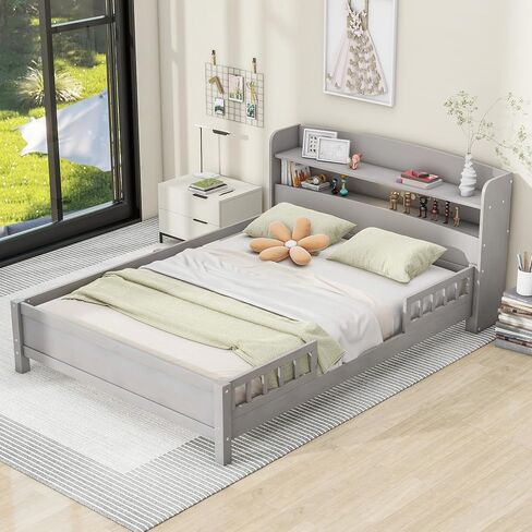 Kids Full Size Bed with Storage Headboard and Guardrail, Wood Full Platform Bed Frame with Built-in LED Light, for Girls Boys,Full Size, Antique Grey in Saudi Arabia