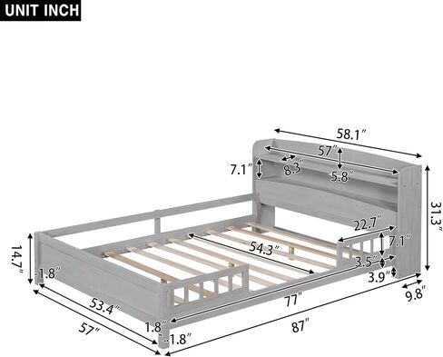 Kids Full Size Bed with Storage Headboard and Guardrail, Wood Full Platform Bed Frame with Built-in LED Light, for Girls Boys,Full Size, Antique Grey in Saudi Arabia