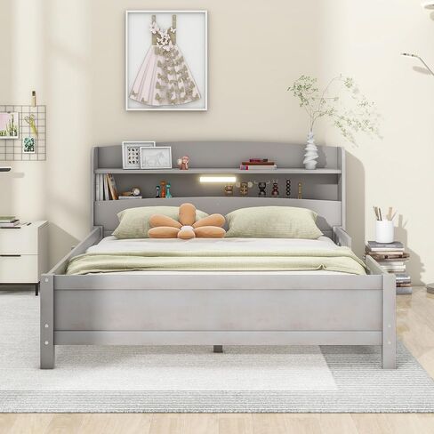 Kids Full Size Bed with Storage Headboard and Guardrail, Wood Full Platform Bed Frame with Built-in LED Light, for Girls Boys,Full Size, Antique Grey in Saudi Arabia