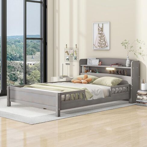 Kids Full Size Bed with Storage Headboard and Guardrail, Wood Full Platform Bed Frame with Built-in LED Light, for Girls Boys,Full Size, Antique Grey in Saudi Arabia