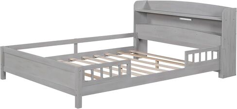 Kids Full Size Bed with Storage Headboard and Guardrail, Wood Full Platform Bed Frame with Built-in LED Light, for Girls Boys,Full Size, Antique Grey in Saudi Arabia
