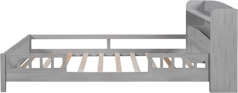 Kids Full Size Bed with Storage Headboard and Guardrail, Wood Full Platform Bed Frame with Built-in LED Light, for Girls Boys,Full Size, Antique Grey in Saudi Arabia