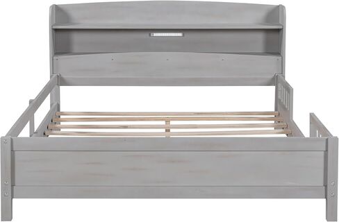 Kids Full Size Bed with Storage Headboard and Guardrail, Wood Full Platform Bed Frame with Built-in LED Light, for Girls Boys,Full Size, Antique Grey in Saudi Arabia