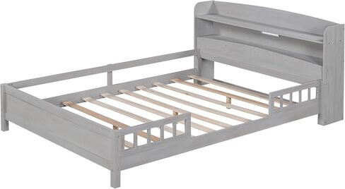 Kids Full Size Bed with Storage Headboard and Guardrail, Wood Full Platform Bed Frame with Built-in LED Light, for Girls Boys,Full Size, Antique Grey in Saudi Arabia