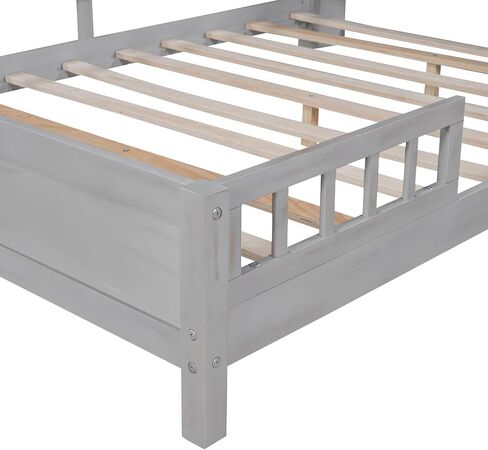 Kids Full Size Bed with Storage Headboard and Guardrail, Wood Full Platform Bed Frame with Built-in LED Light, for Girls Boys,Full Size, Antique Grey in Saudi Arabia