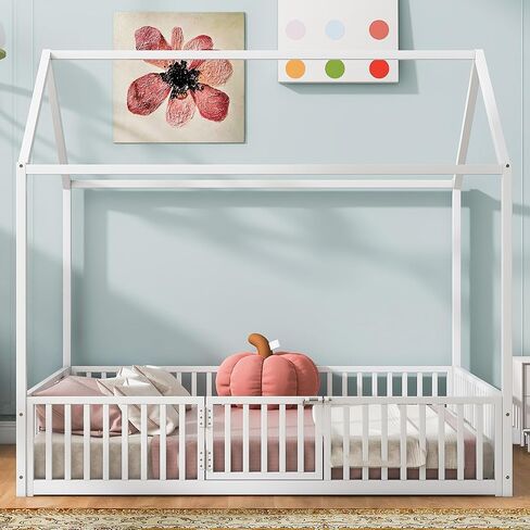 سرير أرضية مونتيسوري مزدوج الحجم من ميراكس، إطار سرير معدني مع سقف للأطفال والمراهقين والفتيات والفتيان، لا حاجة إلى صندوق زنبركي، أسود in Kuwait