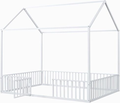 سرير أرضية مونتيسوري مزدوج الحجم من ميراكس، إطار سرير معدني مع سقف للأطفال والمراهقين والفتيات والفتيان، لا حاجة إلى صندوق زنبركي، أسود in Kuwait