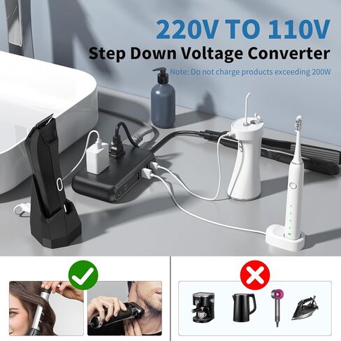 محول جهد 230 وات من 220 فولت إلى 110 فولت، محول سفر عالمي، مقابس تيار متردد 2500 وات، 4 منافذ USB C للشحن وقابس عالمي للاتحاد الأوروبي/المملكة المتحدة/الاتحاد الأفريقي/الولايات المتحدة/الهند (أبيض) in Kuwait