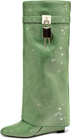 Boots Women's Wedge Boots Knee High Pull on Pointed Fold Over Wedge Heel Boots Womens Sparkly Rhinestone Boots Fold Over padlock Knee High Wedge Heel Pointed Toe Pull-On Tall Boots in Kuwait