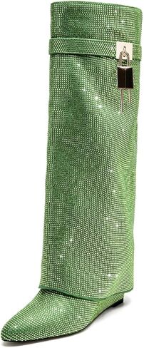 Boots Women's Wedge Boots Knee High Pull on Pointed Fold Over Wedge Heel Boots Womens Sparkly Rhinestone Boots Fold Over padlock Knee High Wedge Heel Pointed Toe Pull-On Tall Boots in Kuwait