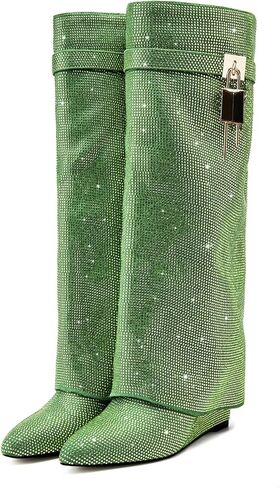Boots Women's Wedge Boots Knee High Pull on Pointed Fold Over Wedge Heel Boots Womens Sparkly Rhinestone Boots Fold Over padlock Knee High Wedge Heel Pointed Toe Pull-On Tall Boots in Kuwait
