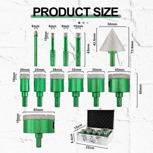 Tile Hole Saw Kit - Triangle Shank Diamond Core Drill Bit 6/8/10/20/25/28/32/35/45/65mm+6mm Eccentric Drill Bit+50mm Hex Shank Beveling Chamfer Bit for Porcelain Ceramic Tile Granite Marble in Saudi Arabia