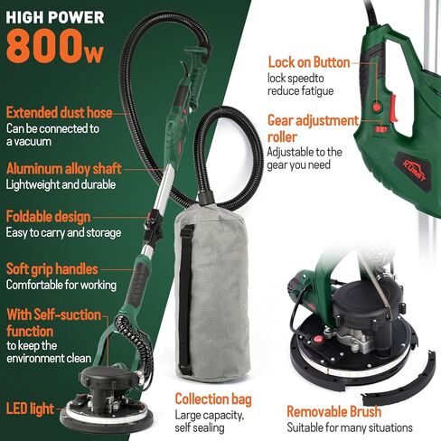 Drywall Sander, 800W Electric Sander with 10 Pcs Sanding discs, 6 Variable Speed 800-1750 RPM Wall Sander with Extendable Handle, LED Light, Long Dust Hose, Storage Bag in Kuwait