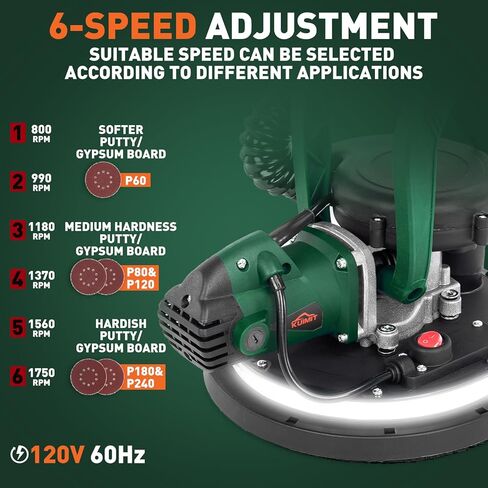 Drywall Sander, 800W Electric Sander with 10 Pcs Sanding discs, 6 Variable Speed 800-1750 RPM Wall Sander with Extendable Handle, LED Light, Long Dust Hose, Storage Bag in Kuwait