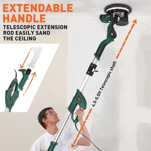 Drywall Sander, 800W Electric Sander with 10 Pcs Sanding discs, 6 Variable Speed 800-1750 RPM Wall Sander with Extendable Handle, LED Light, Long Dust Hose, Storage Bag in Kuwait