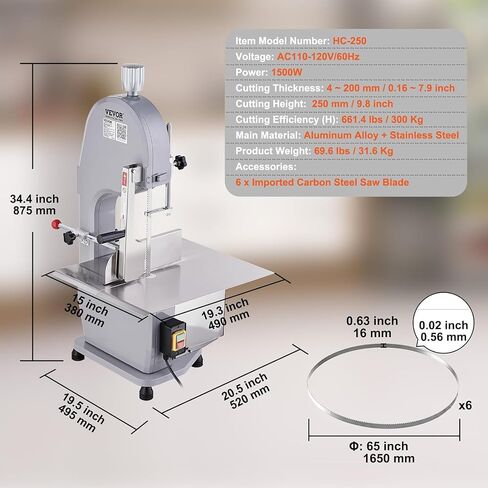 Commercial Electric Meat Bandsaw, 1500W Stainless Steel Countertop Bone Sawing Machine, Workbeach 19.3" x 15", 0.16-7.9 Inch Cutting Thickness, Frozen Meat Cutter with 6 Blades for Rib Pork Beef in Saudi Arabia