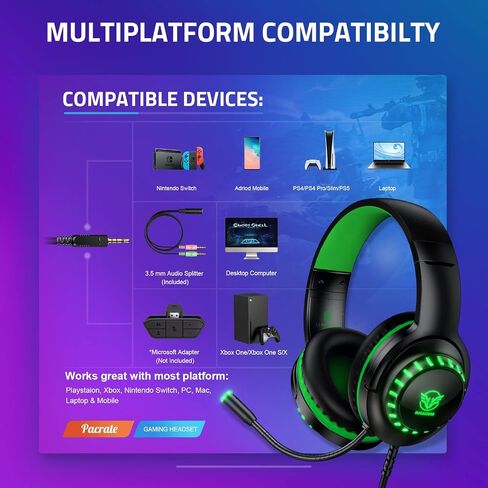 Pacrate RGB Gaming Headset for PS5/PS4/Xbox One/Nintendo Switch/PC/Mac, PS4 Headset with Microphone Xbox Headset with LED Lights, Noise Cancelling PS5 Headset for Kids Adults in Saudi Arabia