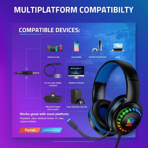 Pacrate RGB Gaming Headset for PS5/PS4/Xbox One/Nintendo Switch/PC/Mac, PS4 Headset with Microphone Xbox Headset with LED Lights, Noise Cancelling PS5 Headset for Kids Adults in Saudi Arabia