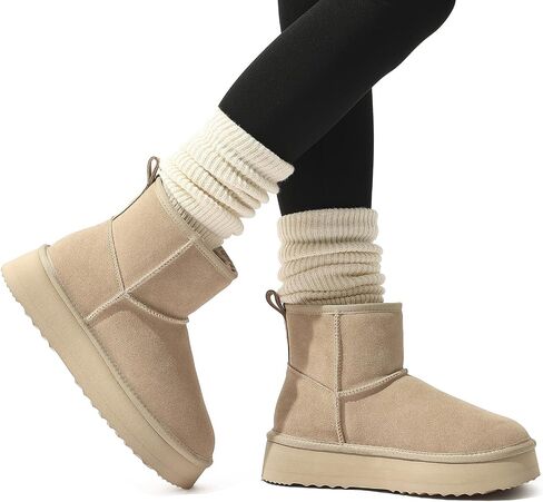 Genuine Suede Platform Mini Boots for Women Fur Lined Ankle Boots | Winter Warm Snow Boots, Fuzzy Plush Lined, Anti-Slip Rubber Sole, Slip On, Cushioning, Outdoor, Classic in Saudi Arabia