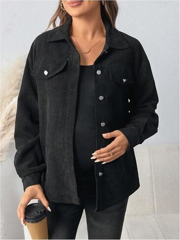 MakeMeChic Women's Maternity Corduroy Jacket Shirt Button Down Long Sleeve Pregnancy Shacket in Saudi Arabia