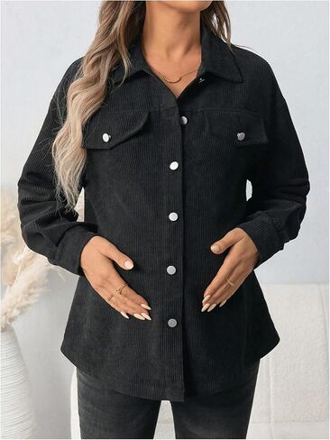 MakeMeChic Women's Maternity Corduroy Jacket Shirt Button Down Long Sleeve Pregnancy Shacket in Saudi Arabia