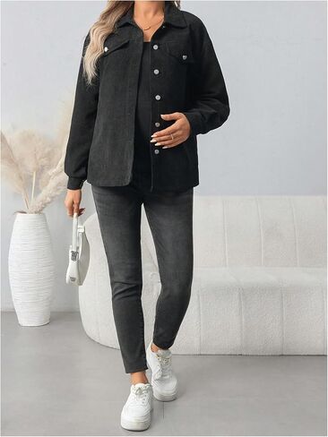 MakeMeChic Women's Maternity Corduroy Jacket Shirt Button Down Long Sleeve Pregnancy Shacket in Saudi Arabia