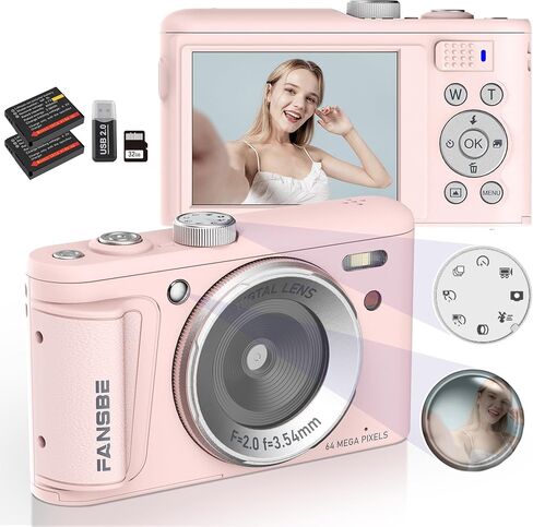 كاميرا رقمية UHD 4K، كاميرا تسجيل فيديو، ضبط تلقائي للصورة، 64 ميجابكسل 18X تكبير رقمي، بطاقة 32 جيجابايت، كاميرا مدمجة مضادة للاهتزاز، كاميرا للمراهقين والبالغين المبتدئين، صبي فتاة، وردي in Kuwait