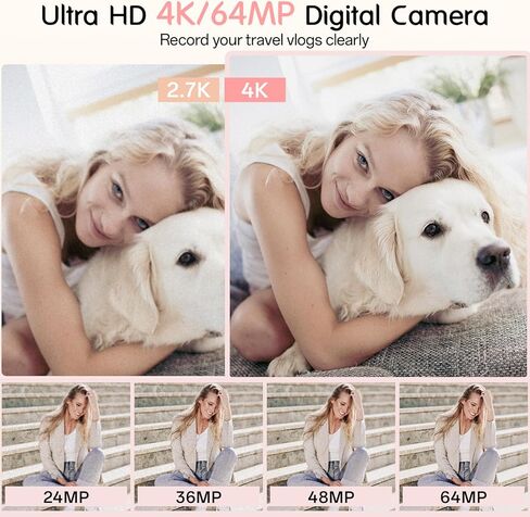 كاميرا رقمية UHD 4K، كاميرا تسجيل فيديو، ضبط تلقائي للصورة، 64 ميجابكسل 18X تكبير رقمي، بطاقة 32 جيجابايت، كاميرا مدمجة مضادة للاهتزاز، كاميرا للمراهقين والبالغين المبتدئين، صبي فتاة، وردي in Kuwait