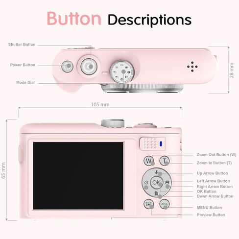 كاميرا رقمية UHD 4K، كاميرا تسجيل فيديو، ضبط تلقائي للصورة، 64 ميجابكسل 18X تكبير رقمي، بطاقة 32 جيجابايت، كاميرا مدمجة مضادة للاهتزاز، كاميرا للمراهقين والبالغين المبتدئين، صبي فتاة، وردي in Kuwait