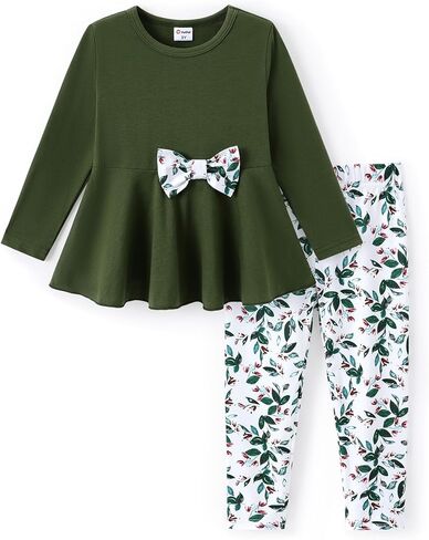 PATPAT Toddler Kids Girls 2Pcs Clothes Set Bowknot Design Ruffle Hem Long Sleeve Top and Floral Print Pant Outfits in Kuwait