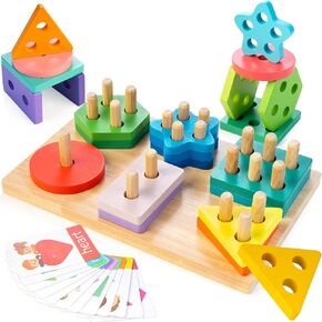 Montessori Toys for 1 2 3 Year Old, Wooden Sorting & Stacking Blocks Toys for Toddlers 1-3, Colorful Educational Shape Sorter and Learning Puzzles Toys, Ideal Gift for Baby Boys Girls