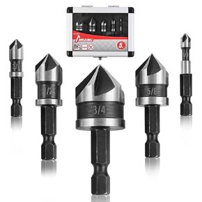 MAZING 5PCS Countersink Drill Bit Set, 82 Degree5-Flute HSS Counter Sink Bits with 1/4" Hex Shank, Sizes 1/4" to 3/4" Fit for Sink Holes into Metal, Wood, Plywood & Plastic with Aluminum Case