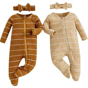 2 Pack Baby Boy Girl Ribber Zipper Footie Striped Footed Romper Jumpsuit Infant Coming Home Outfit
