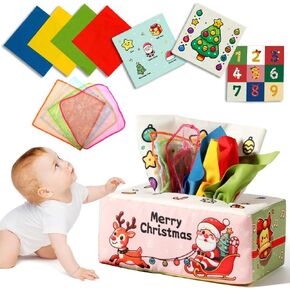 Christmas Baby Toy for 6-12M – Christmas Tissue Box Sensory Pull Toy with Crinkle Papers, Handkerchiefs & Scarves – Ideal Stocking Stuffer for Toddlers
