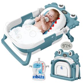 Collapsible Baby Bathtub for Newborns with Thermometer and Soft Floating Cushion Portable and Foldable Travel Baby Bath Tub for Infants to Toddler 0-36 Month (Purple)