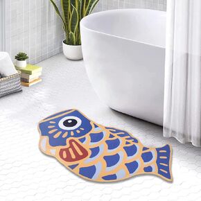 Cute Fish Bath Mat Non-Slip Absorbent Bathroom Rug in Japanese Koi Flag Shape Funky Soft Washable Bath Mat for Bathroom, Shower, Room 17.7"x33.5", Cyan
