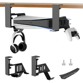 No-Drill PS5/PS5 Pro/PS5 Slim Under Desk Mount, Metal PS5 Mount Under Desk Holder for PS5/PS5 Pro/PS5 Slim Digital & Disc with Clamp Mount, EVA Foam and Screws, Space Saving