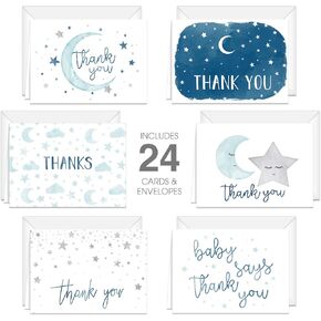 Starry Delight Thank You Cards / 24 Baby Shower Thank You Cards / 6 Night Sky Appreciation Greeting Card Designs / 3 1/2" x 4 7/8" New Baby Gratitude Note Cards/Made In The USA