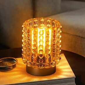 Battery Operated Lamp with Timer, Mini Crystal Table Lamp for Home Decor, Small Cordless Lamp for Areas No Outlets, Glass Battery Powered Lamp for Entryway, Bedroom, Bathroom, Shelf, Corner(Yellow)
