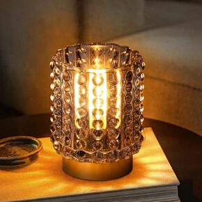 Battery Operated Lamp with Timer, Mini Crystal Table Lamp for Home Decor, Small Cordless Lamp for Areas No Outlets, Glass Battery Powered Lamp for Entryway, Bedroom, Bathroom, Shelf, Corner(Yellow)