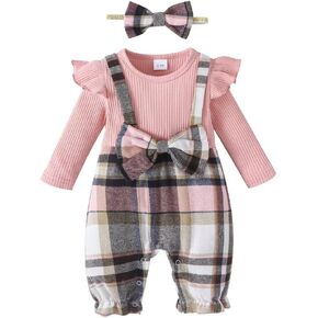 Baby Girl Clothes Fall Winter Outfit Infant Girl Plaid Long Sleeve Ruffle Romper One Piece Jumpsuit with Headband