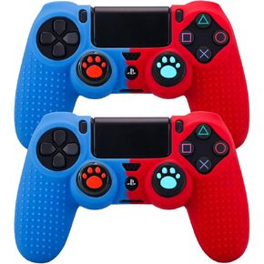 Silicone Skin for PS4 Controller x 2(Red+Blue) with Exclusive Thumb Grips x 4