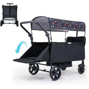 Infant Master Collapsible Wagon with Canopy and Large Wheels - All-Terrain Heavy Duty Folding Cart for Sports, Shopping, Camping - 400L Capacity, Adjustable Handle, 2 Child Restraints, Black
