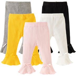 DREAM BUS 5 Pack Baby Pants Toddler Girl Ribbed Ruffle Bell Bottoms Toddler Leggings Baby Boy Pants Newborn Girl Flare Pants