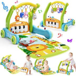 Baby Gym Play Mat with Walker, 2 IN 1 Kick and Play Piano Activity Center with Light & Music, Tummy Time Mat & Baby Push Toys for 0-6 12-18 Months, Sit-to-Stand Learning Walker for Infant Toddler Gift