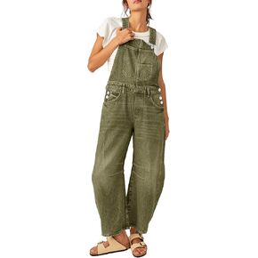 PLNOTME Womens Denim Bib Overalls Barrel Leg Adjustable Strap Jean Pants Jumpsuits with Pockets