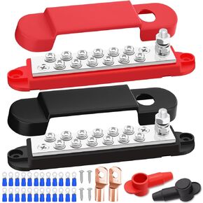 Aienxn 12V Bus Bar Marine 150A 1/4" Stud Power Distribution Block with 2PCS Silicone Terminal Covers, 2PCS Copper Lugs and Ring Terminals for Car and Boat (Black+Red) Q-078