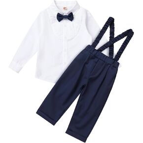 IDOPIP Baptism Christening Outfits for Boys Baby Long Sleeve Bowtie Romper Shirt + Suspenders Pants 3PCS Formal Tuxedo Suit